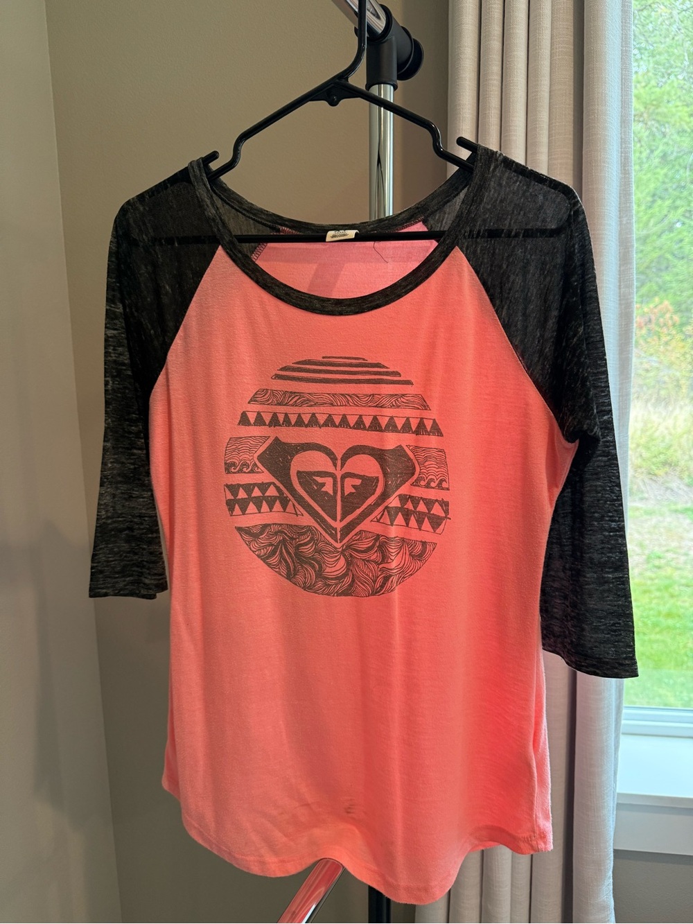 Roxy Coral and Black Raglan Graphic Long Sleeve Tee